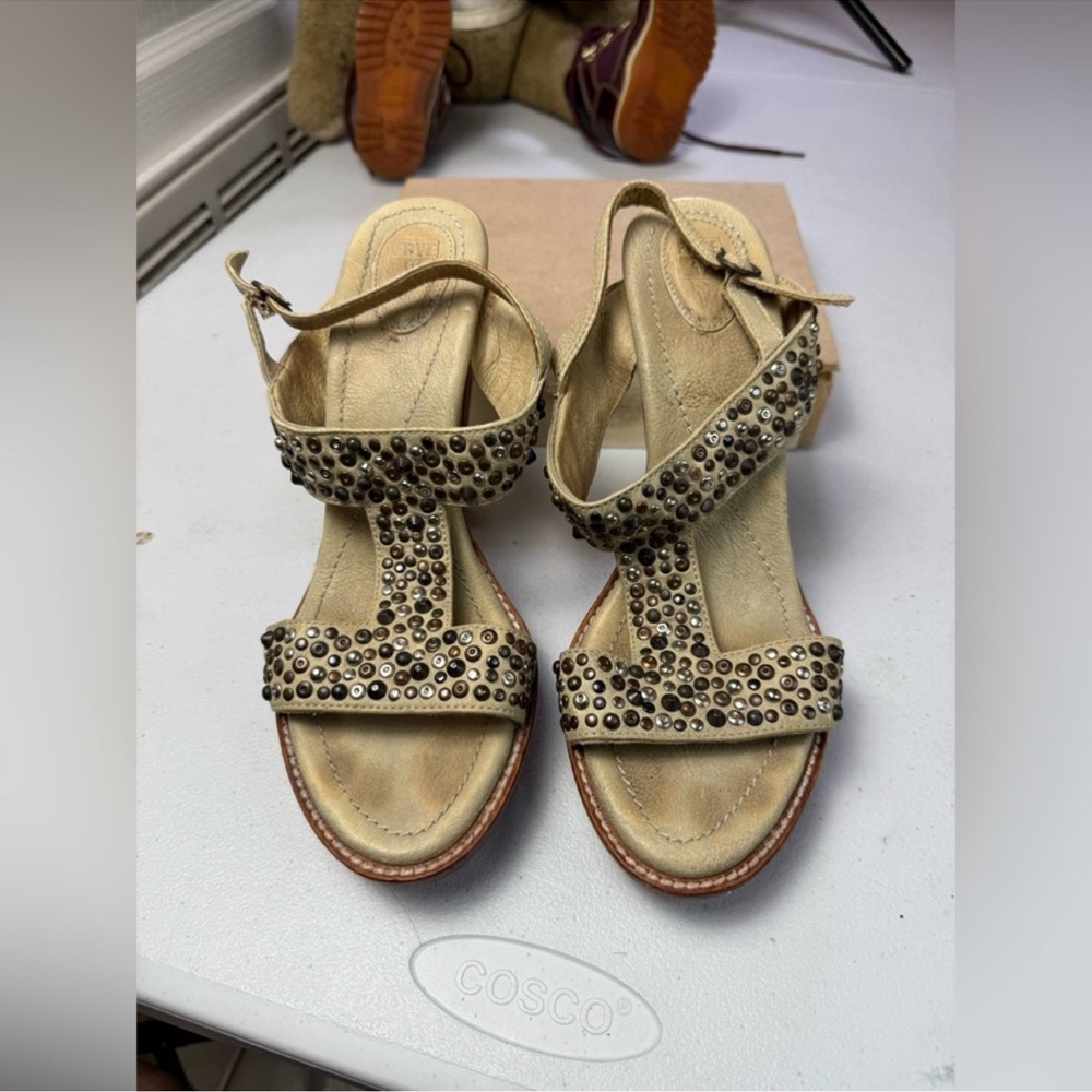 FRYE SUEDE Studded Gold Platform Heels - Picture 6 of 11